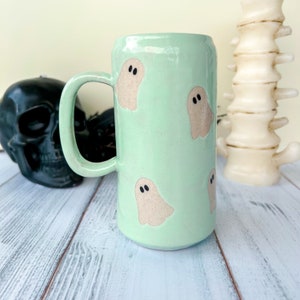 Aqua Ghost Tumbler Ceramic Mug, Autumn Gift For Her, Retro Fall Mug, Halloween Gift, Spooky Mug Handmade, Cute Autumn Mugs, Fall Gift Mom