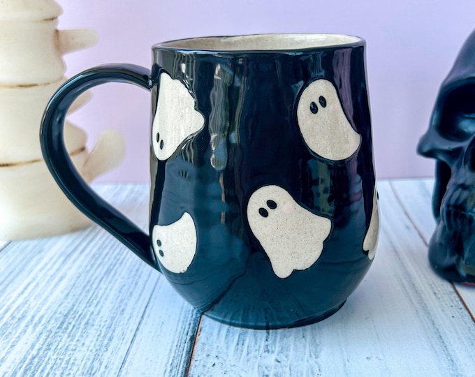 Black Ghost Ceramic Mug, Autumn Gift For Her, Retro Fall Mug, Halloween Gift, Spooky Mug Handmade, Cute Autumn Mugs, Ghost Mug