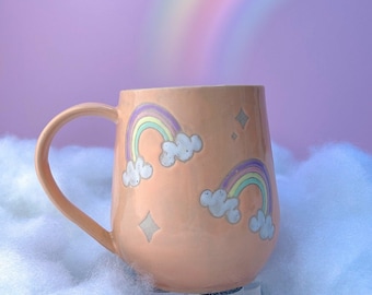 Pfirsich Regenbogen 16 Unze Keramikbecher, Regenbogen Kaffeebecher, Geschenk für Frauen, Regenbogen Geschenk für Freund, nette Becher handgemacht, handgemachte Keramikbecher