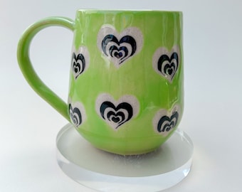 Green and Black Heart 16 Ounce Ceramic, Heart Mug Ceramic, Groovy Gift Women, Heart Gift For Friend, Cute Mug Handmade, Retro Heart Cup