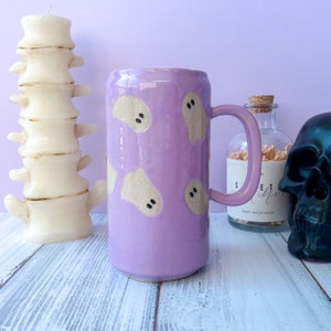Purple Ghost Tumbler Ceramic Mug, Autumn Gift For Her, Retro Fall Mug, Halloween Gift, Spooky Mug Handmade, Cute Autumn Mugs, Fall Gift Mom
