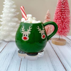 Green Reindeer 12 Ounce Ceramic Mug, Winter Coffee Mug, Christmas Mug Ceramic Handmade, Stoneware Mug, Holiday Cup, Cozy Cabin Gift, Winter