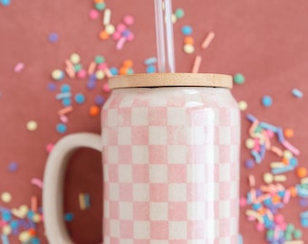 Pink Retro Checkered Tumbler With Lid, Groovy Coffee Cup, Retro Teacher Appreciation Gift, Checkerboard Mug, Teen Girl Birthday Gifts