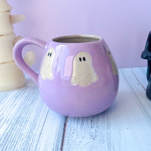 Purple Ghost 12 Oz Ceramic Mug, Autumn Gift For Her, Retro Fall Mug, Halloween Gift, Spooky Mug Handmade, Cute Autumn Mugs, Cozy Fall Gift