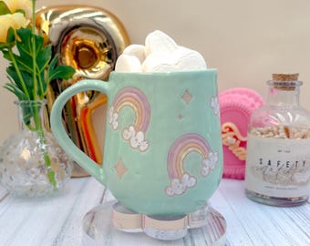Taza de cerámica Aqua Rainbow, taza de café arcoíris, regalo genial para mujeres, regalo arcoíris para amigas, taza linda hecha a mano, taza retro hecha a mano