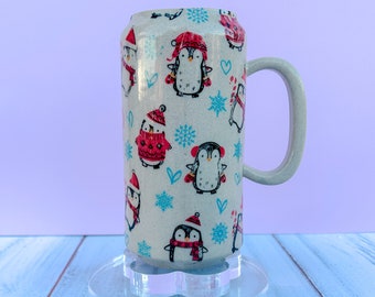 Winter Penguin Tumbler Ceramic Mug, Ceramic Mug Handmade, Winter Gift, Penguin Lovers, Penguin Mug For Mom, Gift for Wife, Winter Penguin