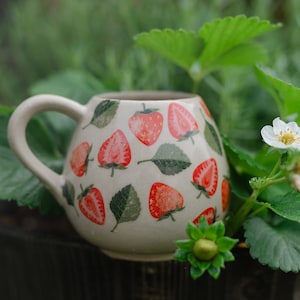 Strawberry 12 Ounce Ceramic Mug, Mug Handmade, Gardener Gift Idea, Strawberry Lovers, Berry Mug For Mom, Gift for Wife, Strawberries cup