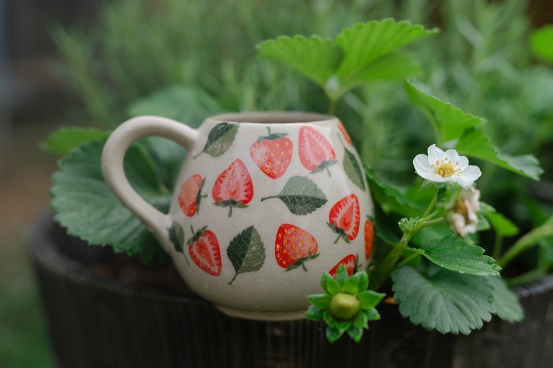 Strawberry 12 Ounce Ceramic Mug, Mug Handmade, Gardener Gift Idea, Strawberry Lovers, Berry Mug For Mom, Gift for Wife, Strawberries cup image 1