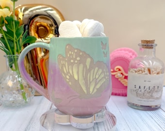 Aqua Ombré Butterfly Ceramic Mug, Butterfly Ceramic Mug, Butterfly Lover Gift, Monarch Butterfly, Gardener Gift Idea, Butterfly Home Decor