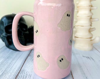 Pink Ghost Tumbler Ceramic Mug, Autumn Gift For Her, Retro Fall Mug, Halloween Gift, Spooky Mug Handmade, Cute Autumn Mugs, Ghost Mug