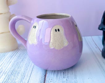 Purple Ghost 12 Oz Ceramic Mug, Autumn Gift For Her, Retro Fall Mug, Halloween Gift, Spooky Mug Handmade, Cute Autumn Mugs, Ghost Mug