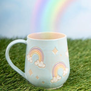 Light Blue Rainbow Ceramic Mug, Rainbow Coffee Mug, Gift for Women, Rainbow Gift For Friend, Cute Mug Handmade, Handmade Ceramic Mug