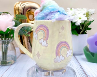 Gelber Regenbogen Keramikbecher, Regenbogen Kaffeebecher, Geschenk für Frauen, Regenbogen Geschenk für Freund, niedlicher Becher handgemacht, handgemachter Keramikbecher