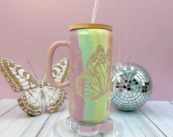 Rainbow Ombré Butterfly Tumbler Mug, Butterfly Ceramic Mug, Butterfly Lover Gift, Monarch Butterfly, Gardener Gift Idea, Beer Can Glass Mug