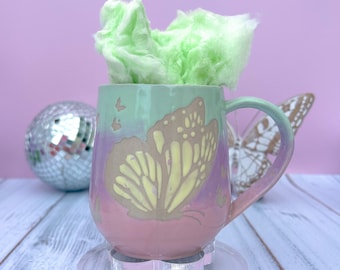 Taza de cerámica Aqua Ombré Butterfly, taza de cerámica hecha a mano, tazas de cerámica, taza de gres, taza de café grande, cerámica de EE. UU., taza divertida