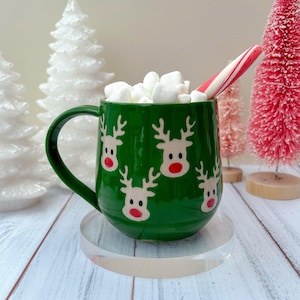 Green Reindeer Ceramic Mug, Winter Coffee Mug, Christmas Mug Ceramic Handmade, Stoneware Mug, Holiday Cup, Cozy Cabin Gift, Winter Gift