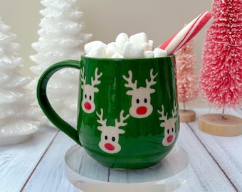 Green Reindeer Ceramic Mug, Winter Coffee Mug, Christmas Mug Ceramic Handmade, Stoneware Mug, Holiday Cup, Cozy Cabin Gift, Winter Gift