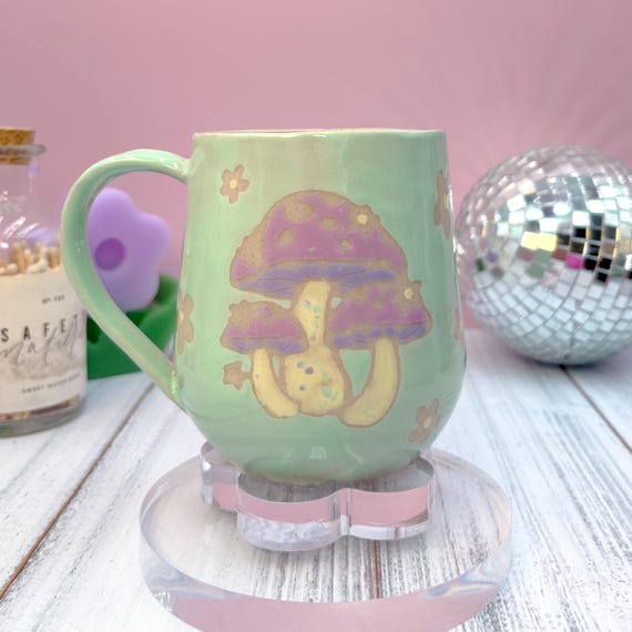 Aqua Mushroom Ceramic Mug, Mushroom Lovers Gift, Gardener Gift For Her, Cottagecore Mug, Mushroom Decor, Cute Ceramic Mug