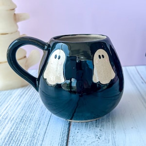 Black Ghost 12 Oz Ceramic Mug, Autumn Gift For Her, Retro Fall Mug, Halloween Gift, Spooky Mug Handmade, Cute Autumn Mugs, Cozy Fall Gift