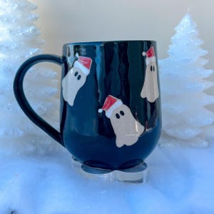 Black Santa Hat Ghost Mug, Winter Coffee Mug, Christmas Mug Ceramic Handmade, Stoneware Mug, Holiday Cup, Cozy Cabin Gift, Winter Gift
