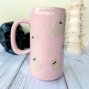 Pink Ghost Tumbler Ceramic Mug, Autumn Gift For Her, Retro Fall Mug, Halloween Gift, Spooky Mug Handmade, Cute Autumn Mugs, Fall Gift Mom