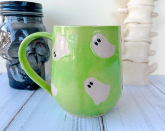 Green Ghost 16 Ounce Ceramic Mug, Autumn Gift For Her, Retro Fall Mug, Halloween Gift, Spooky Mug Handmade, Cute Autumn Mugs, Ghost Mug