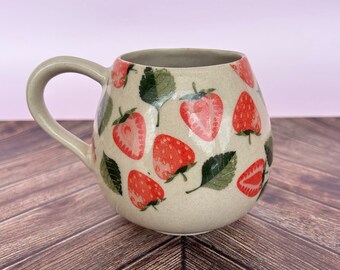 Strawberry 12 Ounce Ceramic Mug, Mug Handmade, Gardener Gift Idea, Strawberry Lovers, Berry Mug For Mom, Gift for Wife, Strawberries cup