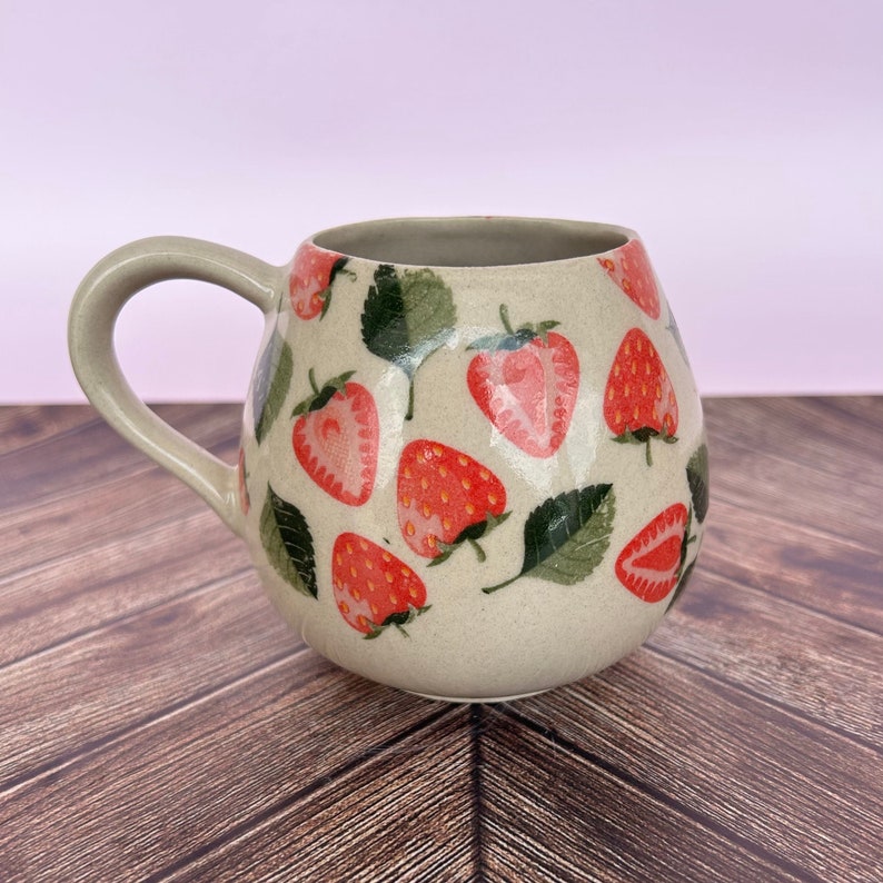 Strawberry 12 Ounce Ceramic Mug, Mug Handmade, Gardener Gift Idea, Strawberry Lovers, Berry Mug For Mom, Gift for Wife, Strawberries cup image 2