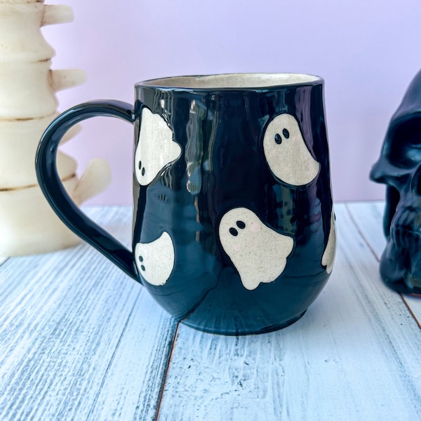 Black Ghost 16 Ounce Ceramic Mug, Autumn Gift For Her, Retro Fall Mug, Halloween Gift, Spooky Mug Handmade, Cute Autumn Mugs, Fall Gift Mom