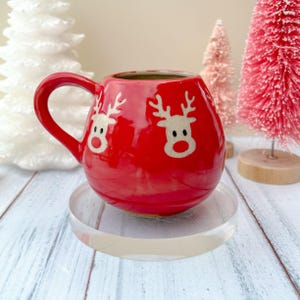 Red Reindeer 12 Ounce Ceramic Mug, Winter Coffee Mug, Christmas Mug Ceramic Handmade, Stoneware Mug, Holiday Cup, Cozy Cabin Gift, Winter Gi