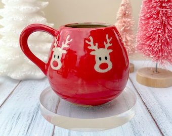 Red Reindeer 12 Ounce Ceramic Mug, Winter Coffee Mug, Christmas Mug Ceramic Handmade, Stoneware Mug, Holiday Cup, Cozy Cabin Gift, Winter Gi