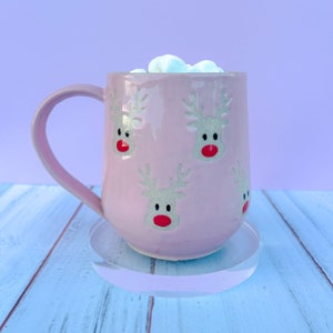 Pink Reindeer Ceramic Mug, Winter Coffee Mug, Christmas Mug Ceramic Handmade, Stoneware Mug, Holiday Cup, Cozy Cabin Gift, Winter Gift