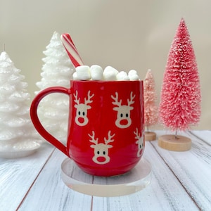Red Reindeer Ceramic Mug, Winter Coffee Mug, Christmas Mug Ceramic Handmade, Stoneware Mug, Holiday Cup, Cozy Cabin Gift, Winter Gift