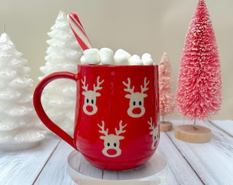 Red Reindeer Ceramic Mug, Winter Coffee Mug, Christmas Mug Ceramic Handmade, Stoneware Mug, Holiday Cup, Cozy Cabin Gift, Winter Gift