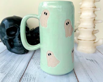 Aqua Ghost Tumbler Ceramic Mug, Autumn Gift For Her, Retro Fall Mug, Halloween Gift, Spooky Mug Handmade, Cute Autumn Mugs, Beer Can Glass