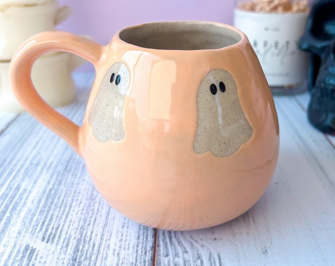 Peach Ghost 12 Ounce Ceramic Mug, Autumn Gift For Her, Retro Fall Mug, Halloween Gift, Spooky Mug Handmade, Cute Autumn Mugs, Ghost Mug