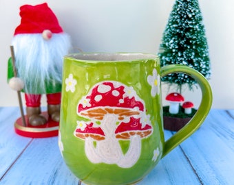 Green Mushroom 16 Ounce Ceramic Mug, Cottagecore Coffee Mug, Hippie Birthday Gift Friend, Retro Mug, Mushroom Lovers Gift, Gardener Gift