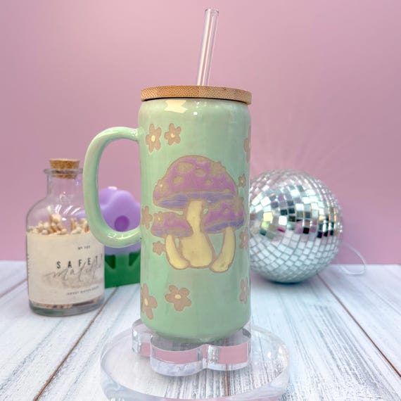 Aqua Mushroom Ceramic Mug, Mushroom Lovers Gift, Gardener Gift For Her, Cottagecore Mug, Mushroom Decor, Cute Ceramic Mug, Beer Can Glass