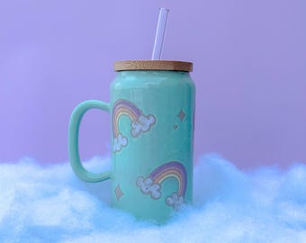 Aqua Rainbow Tumbler Ceramic Mug, Rainbow Coffee Mug, Groovy Gift for Women, Rainbow Gift For Friend, Cute Mug Handmade, Retro Handmade Cup