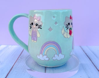 Aqua Kitty and Rainbow 16 Ounce Ceramic Mug, Cute Cat Rainbow Coffee Mug, Cute Gift for Women, Rainbow Gift For Friend, Cute Mug Handmade