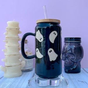 Black Ghost Tumbler Ceramic Mug, Autumn Gift For Her, Retro Fall Mug, Halloween Gift, Spooky Mug Handmade, Cute Autumn Mugs, Beer Can Glass