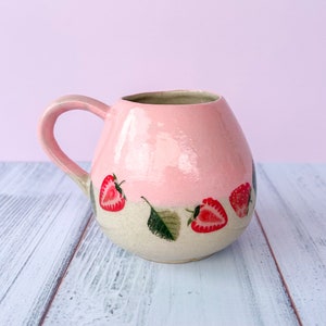 Pink Strawberry 12 Ounce Mug, Ceramic Coffee Mug Handmade, Gardener Gift Idea, Strawberry Lovers, Berry Mug For Mom, Strawberries Cup