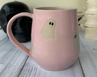 Pink Ghost 16 Ounce Ceramic Mug, Autumn Gift For Her, Retro Fall Mug, Halloween Gift, Spooky Mug Handmade, Cute Autumn Mugs, Ghost Mug