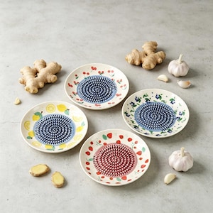 May include: Four ceramic grater plates with fruit and berry designs. Each plate has a central textured grating surface in blue or red. Ginger and garlic cloves are arranged around the plates, suggesting their use.