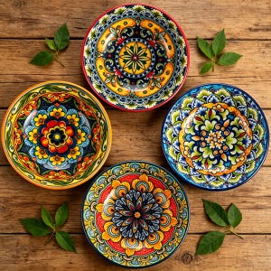 May include: Four decorative ceramic bowls with intricate floral patterns in vibrant colors. Each bowl features a unique design with a mix of blue, yellow, red, and green hues. The bowls are arranged on a wooden surface with green leaves.