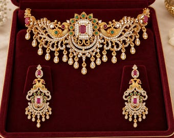 Ruby Peacock Choker Necklace Set | Gold Plated Temple Jewelry | Indian Bridal Statement Set | South Indian Wedding Jewelry