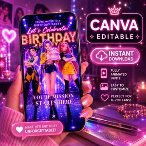 Op de afbeelding: Een smartphonescherm toont een verjaardagsfeestuitnodiging met geanimeerde personages in K-Pop-stijl. De uitnodiging luidt "Let's Celebrate! BIRTHDAY" en bevat de tekst "CANVA EDITABLE" en "INSTANT DOWNLOAD". De achtergrond is levendig paars.