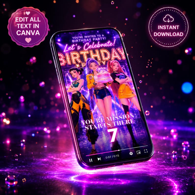 K-pop Demon Hunters Birthday Video Invitation, Editable Canva Animated ...