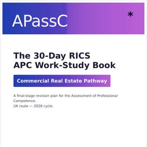 Op de afbeelding: Een witte boekomslag met de titel APassC The 30-Day RICS APC Work-Study Book, een paarse koptekst en een paarse banner met de tekst Commercial Real Estate Pathway. De tekst bevat A final-stage revision plan for the Assessment of Professional Competence. UK route - 2026 cycle.