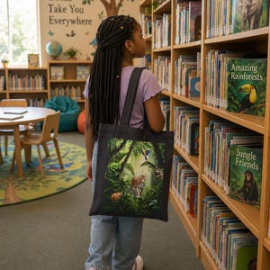 May include: A young person in a library, carrying a black tote bag with a jungle scene. The bag features a vibrant illustration of a leopard, other animals, and lush greenery. Bookshelves line the background, with the text "Books Take You Everywhere" on the wall.